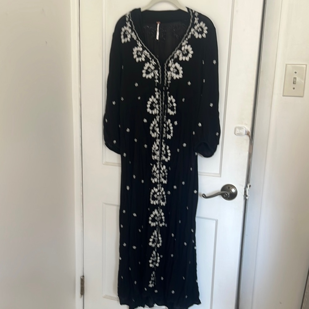 Free People Black Dress with White Embroidery